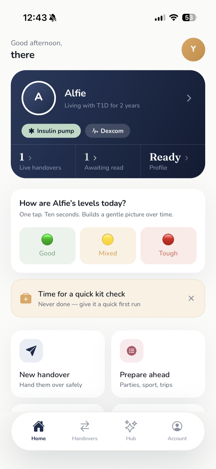 T1Daily home screen showing your child's profile, today's check-in and quick actions